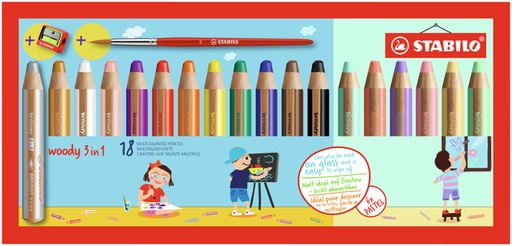 [1404414] Crayon de couleur STABILO 880 Woody 3-en-1 + taille-crayon et pinceau ass étui 18pcsec taille-crayon