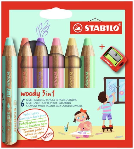 [1404415] Kleurpotloden STABILO 880 woody inclusief puntenslijper pastel assorti etui à 6 stuks