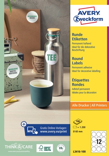 [1405279] Etiket Avery L3416 rond 60mm wit 1200 stuks