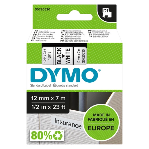 [930218] Ruban étiquettes Dymo LabelManager D1 polyester 12mm noir sur blanc