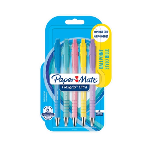 [1404276] Stylo bille Paper Mate Flexgrip rétractable pastel Medium écriture bleue blister 5 pièces