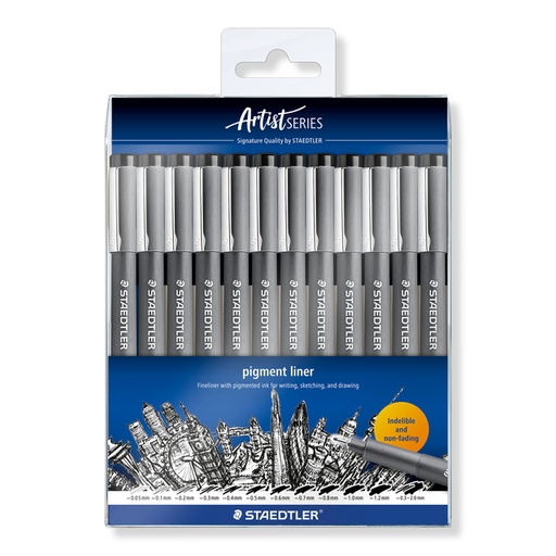 [1405697] Fineliner Staedtler Pigment 308 zwart set à 12 breedtes