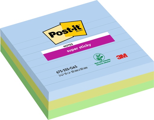 [1406620] Memoblok Post-it 675-3 Super Sticky 101x101mm Oasis 3 stuks