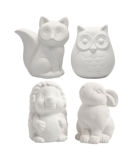 [1418854] Dierenspaarpot Creativ terracotta 4st  uil vos haas en egel 9-10cm wit