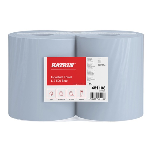 [1419664] Papier d'essuyage Katrin Industrial 481108 grand 2 épaisseurs 500 feuilles bleu