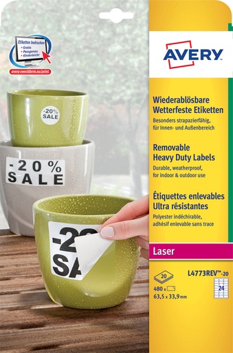 [1419962] Etiket Avery L4773REV-20 63.5x33.9mm wit 480 etiketten
