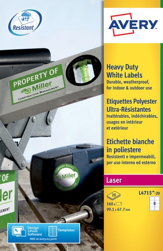 [1419973] Etiket Avery L4715-20 99.1x67.7mm weerbestendig wit 160 stuks