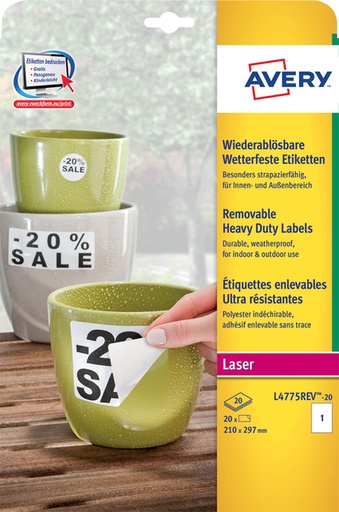 [1419978] Etiket Avery L4775REV-20 210x297mm wit 20 etiketten