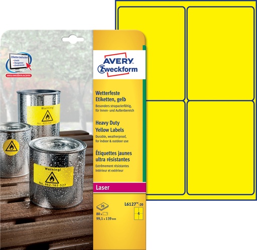 [1419991] Etiquette Avery L6137-20 99,1x139mm jaune 80 pièces