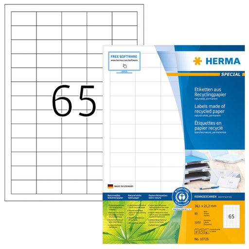 [1421065] Etiquette HERMA Recycling 10725 38,1x21,2mm blanc 5200 pièces