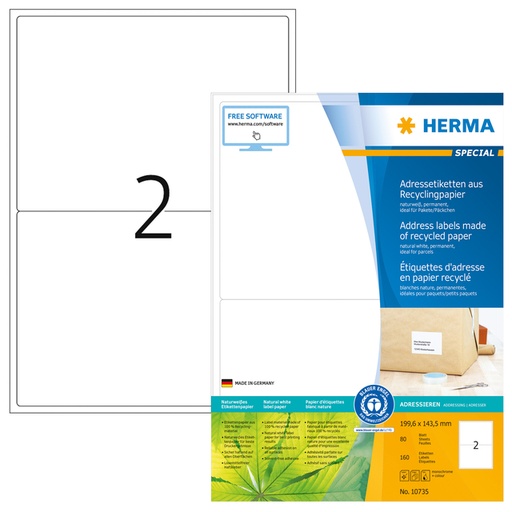 [1421066] Etiket HERMA recycling 10735 199.6x143.5mm 160stuks wit