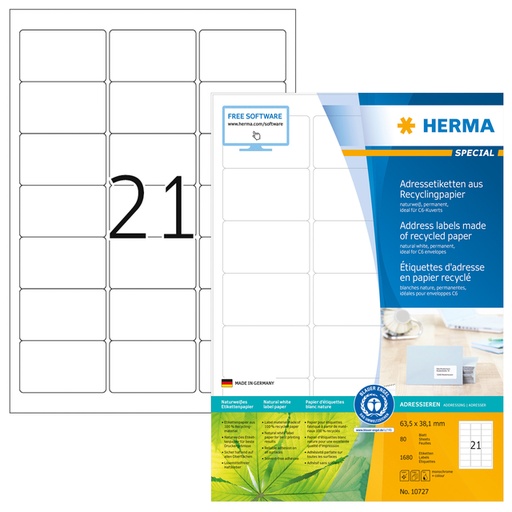 [1421074] Etiket HERMA recycling 10727 63.5x38.1mm 1680stuks wit