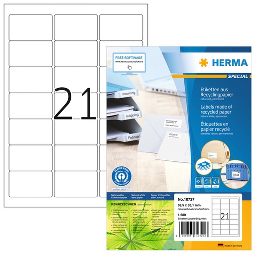 [1421074] Etiket HERMA recycling 10727 63.5x38.1mm wit 1680 stuks