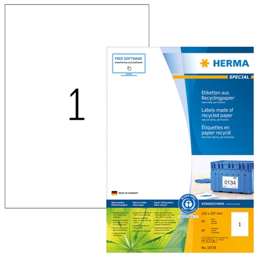 [1421078] Etiket HERMA recycling 10738 210x297mm 80stuks wit