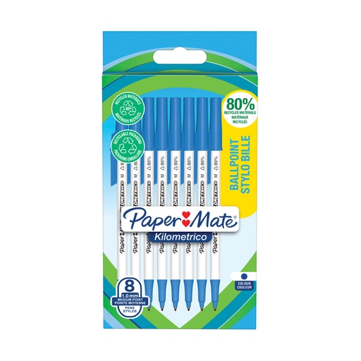 [1421334] Stylo bille Paper Mate Kilometrico Recycled bleu Medium blister 8 pièces