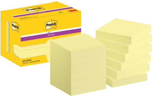 [1420102] Bloc-mémos Post-it 622 Super Sticky 47,6x47,6mm jaune 12 pièces