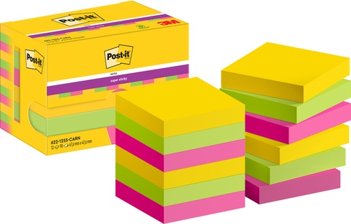 [1420107] Bloc-mémos Post-it 622 Super Sticky 47,6x47,6mm Carnival 12 pièces