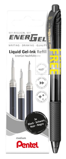 [1420478] Gelschrijvervulling Pentel LR7 Energel met gratis gelpen medium zwart blister à 3 stuks