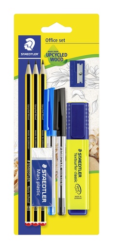 [1406909] Schrijfset Staedtler inhoud 3 Noris potloden HB - 2 balpennen, markeerstift, gum en slijper 8 stuks