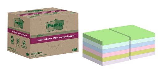 [1406929] Bloc-mémos Post-it 654 RSS12COL 76x76mm Recyclé couleurs pastel 12 pièces