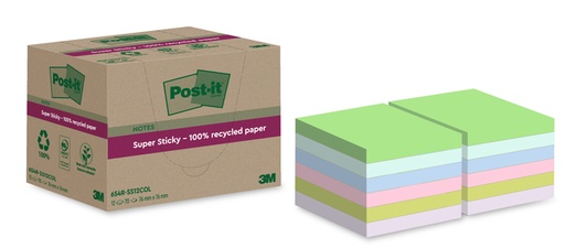 [1406929] Memoblok Post-it 654 RSS12COL 76x76mm recycled colour notes pastel 12 stuks