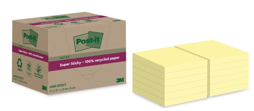[1406931] Bloc-mémos Post-it 654 Super Sticky RSS12CY Recyclé 76x76mm jaune canari 12 pièces