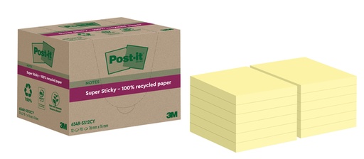 [1406931] Memoblok Post-it Super Sticky 654 RSS12CY recycled 76x76mm canary yellow 12 stuks