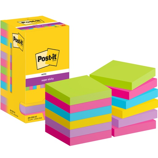 [1420106] Memoblok Post-it 654 Super Sticky 76x76mm 90 vel rainbow 12 stuks