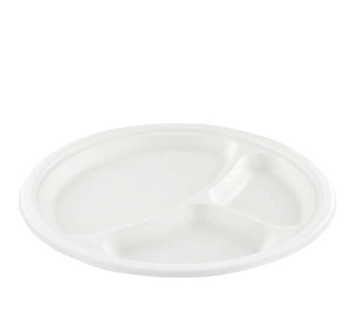 [1406914] Assiette IEZZY Ø260mm 3 compartiments canne à sucre blanc 50 pièces