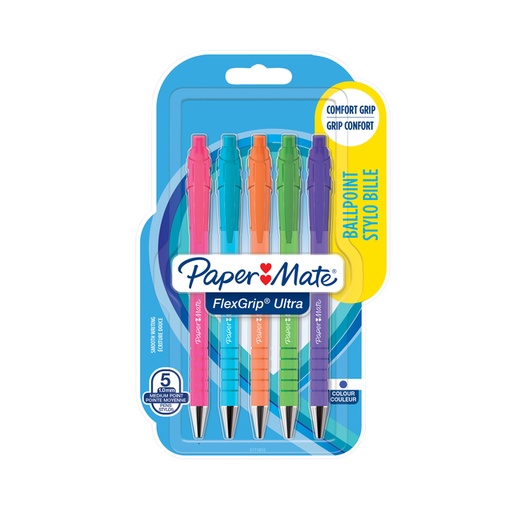 [1421327] Stylo bille Paper Mate Flexgrip rétractable Bright Fun Medium assorti 5 pièces