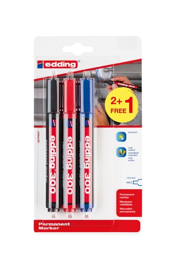 [1421898] Marqueur edding 300 ogive 1,5-3mm assorti blister 2+1 gratuit