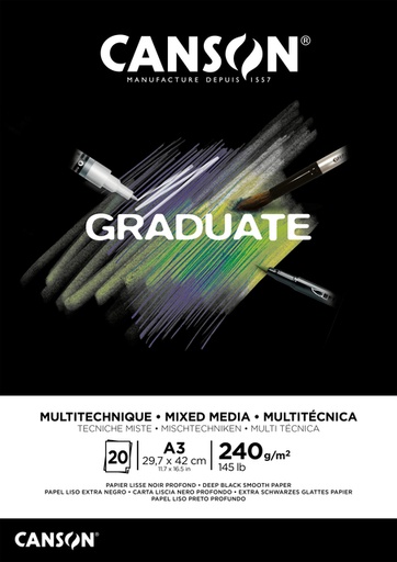 [1399211] Bloc à dessin Canson Graduate Mixed Media Black paper A3 20 feuilles 240g noir