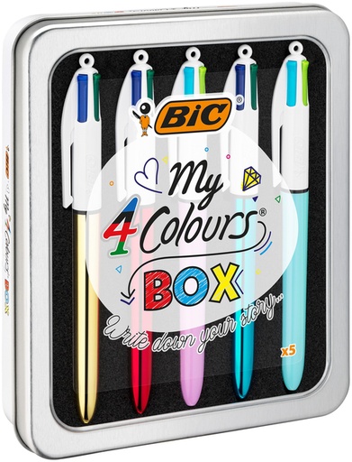 [1419389] Balpen Bic 4kleuren My Bic medium assorti blik à 5 stuks