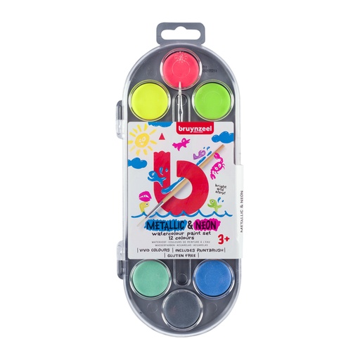 [1407007] Peinture à l'eau Bruynzeel avec pinceau set 12 couleurs métalliques et néon