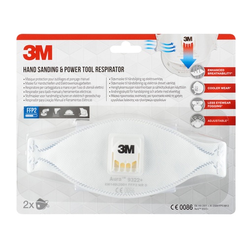 [1419290] Stofmasker 3M Aura voor schuren 9322 FFP2 met ventiel 2 stuks