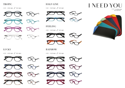 [1420250] Lunettes de lecture I Need You Tropic/Lucky/Half-line/Feeling/Rainbow assorti 80 lunettes et étuis