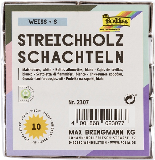 [1407620] Boîte d'allumettes Folia 53x36x10mm blanc 10 pièces