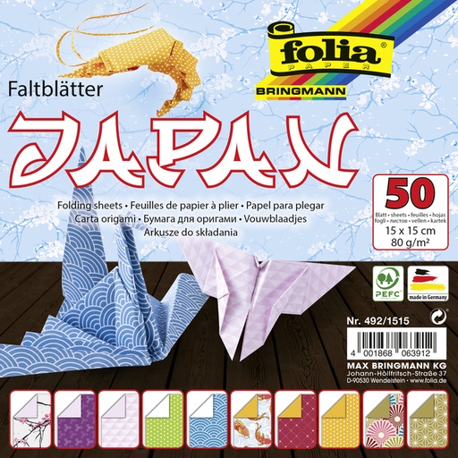 [1407601] Vouwblaadjes Folia 80gr 15x15cm 50 vel 2-zijdig Japan 10 designs ass