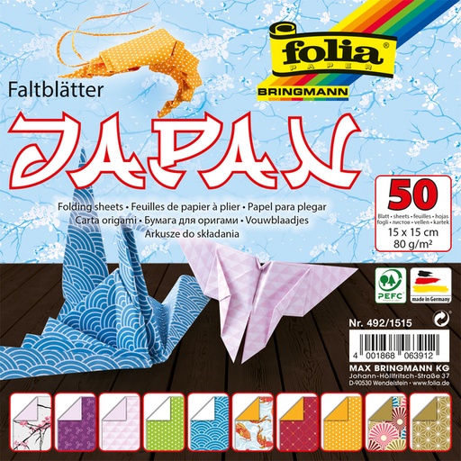 [1407601] Vouwblaadjes Folia 80gr 15x15cm 50 vel 2-zijdig Japan 10 designs assorti kleuren