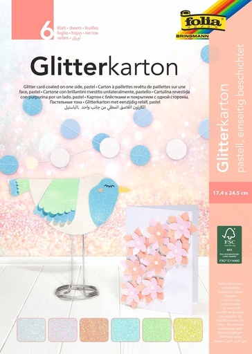 [1407622] Glitterkarton Folia 174x245mm 6 vel pastel assorti