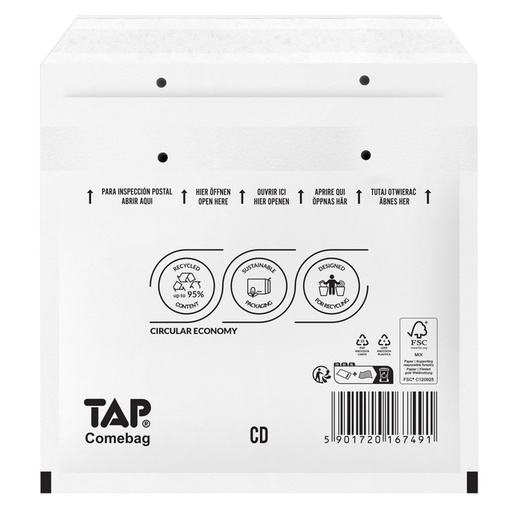 [1421561] Enveloppe à bulles TAP Comebag pour CD 200x175mm blanc 100 pièces