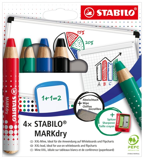 [1423212] Whiteboardpotlood STABILO MARKdry 648/4 inclusief slijper en microvezeldoek assorti etui à 4 stuks