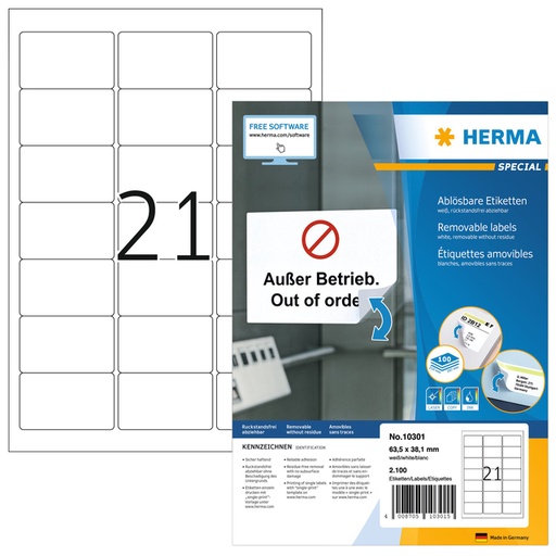 [1423686] Etiquette amovible HERMA 10301 63,5x38,1mm blanc 2100 étiquettes
