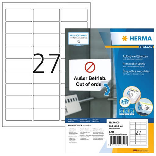 [1423690] Etiquette amovible HERMA 10300 63,5x29,6mm blanc 2700 étiquettes