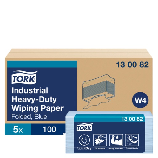 [1422570] Papier de nettoyage Tork Premium Industrial Heavy-Duty W4 130082 plié 3 ép 5x 100 feuilles bleu