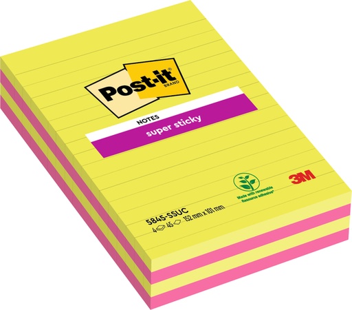 [1422494] Bloc mémos 3M Post-it 584 127x203 Super Sticky ligné assorti 4 pièces