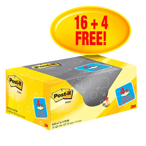 [1422497] Bloc mémos 3M Post-it 653 38x51mm jaune 16+ 4 gratuits