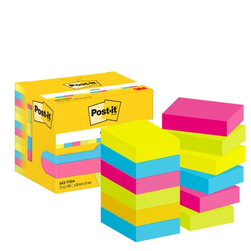[1422502] Bloc mémos 3M Post-it 653-TFEN 38x51mm couleur assorti 12 pièces