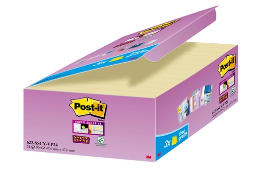 [1422512] Bloc mémos 3M Post-it 622 Super Sticky 47,6x47,6mm jaune 21 + 3 gratuits