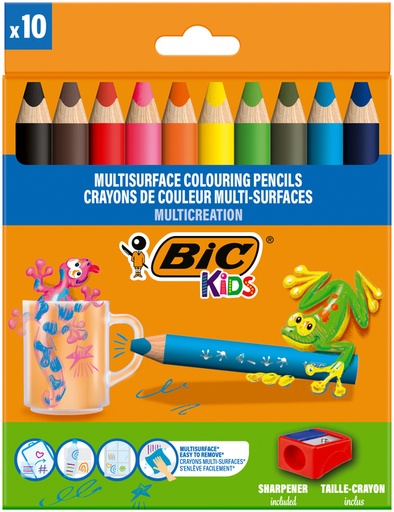 [1429678] Kleurpotloden BicKids Multi Surface + puntenslijper assorti 10 stuks